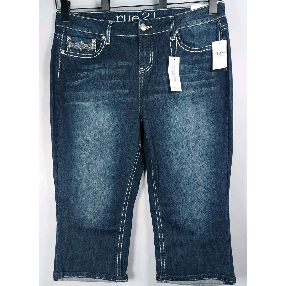 Rue 21 High Waisted Crop Jeans‎ Wms Size 14 Dark Wash Embellished New